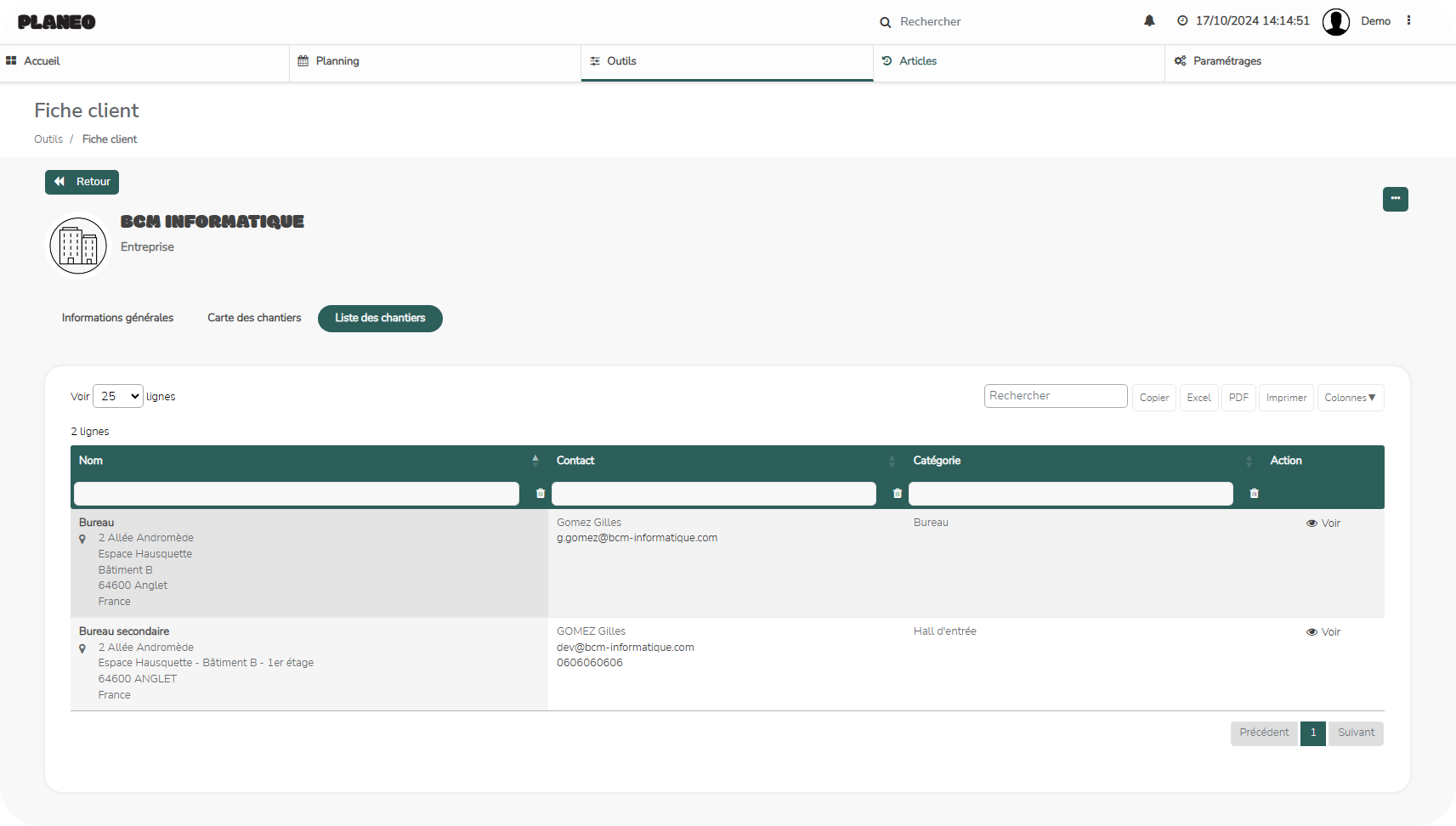 Fiche client dans Planeo avec ses sites et ses documents