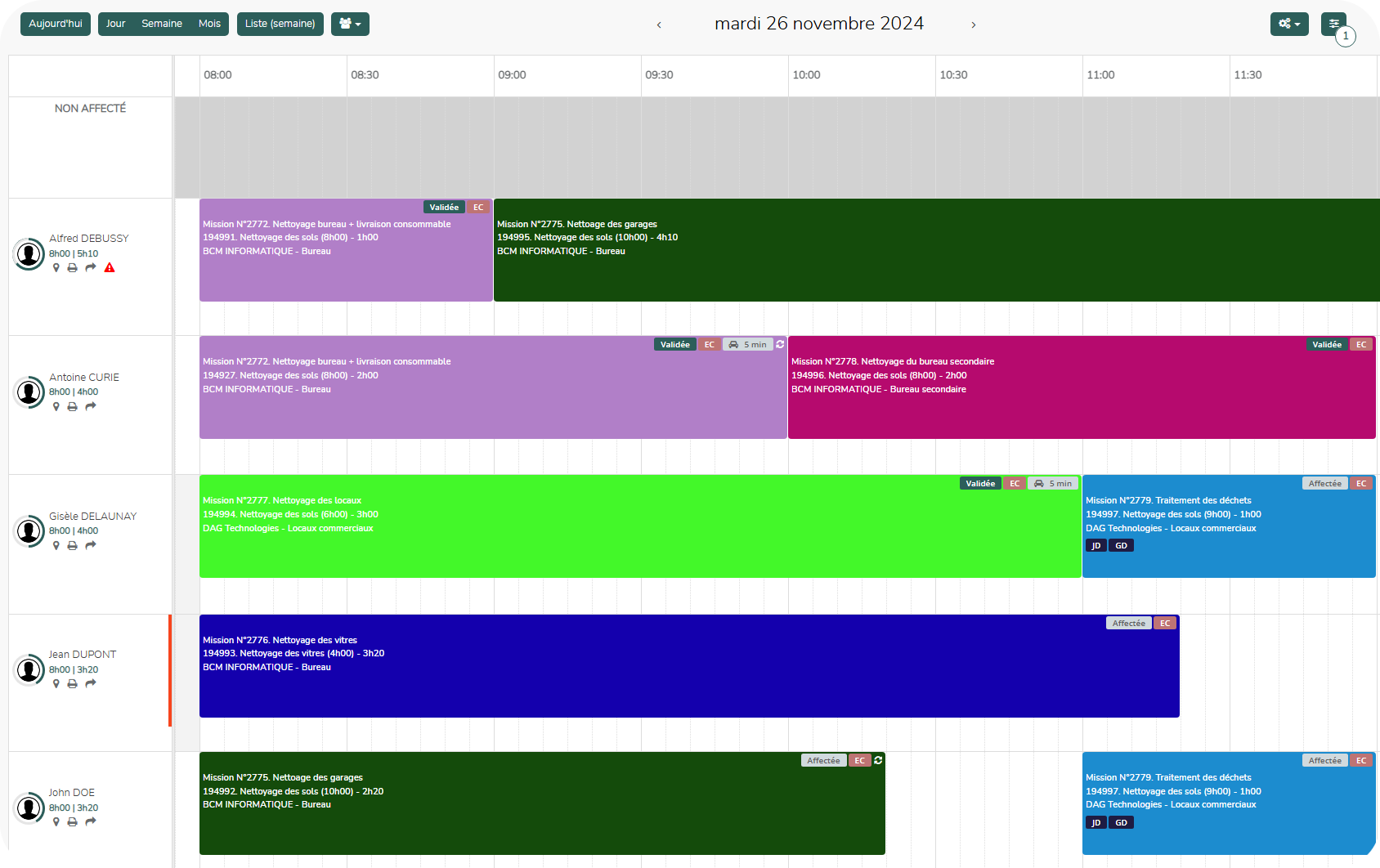Vue planning de Planeo avec les événements de l’équipe sur la semaine